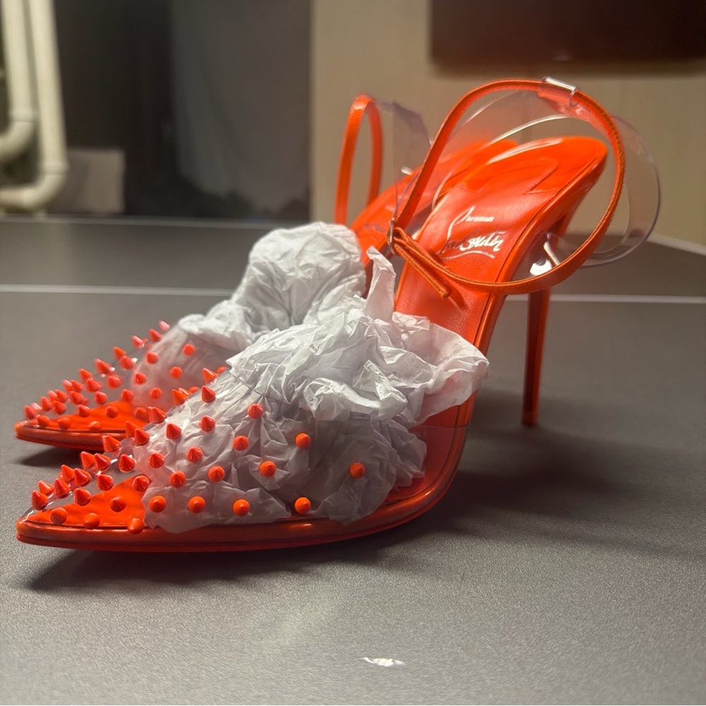 Christian Louboutin Spikoo PVC Fluo Neon Orange AnkleStrap‎ Sandal Pumps NWOT 39 - Picture 5 of 10